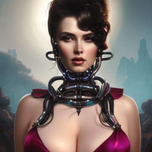 Curvaceous AI Robot Empress in Detailed Nightgown