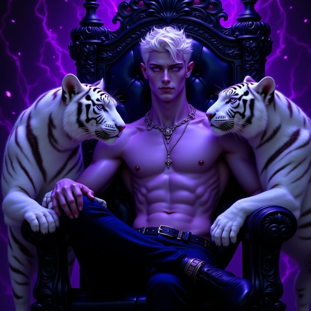 Drow Prince with White Tigers in Mystical Throne Room