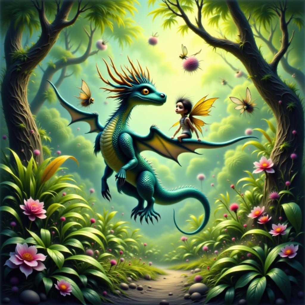 Young Dragon Flies Through Forest With Fairy Friends