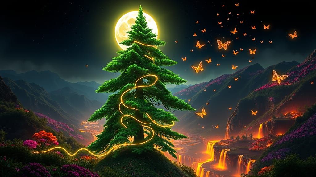 Ethereal Evergreen Cathedral in Neon-Lit Landscape