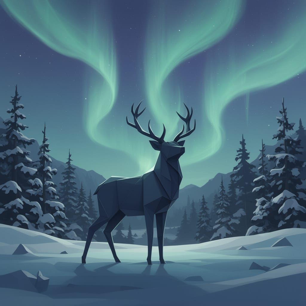 Majestic Stag Silhouette in Origami Style Aurora