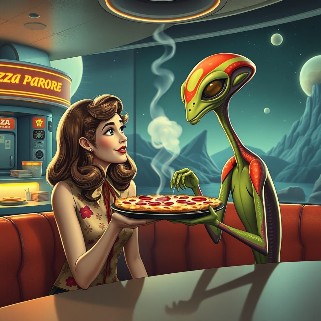 70s Woman and Alien Share Pizza on Alien Planet