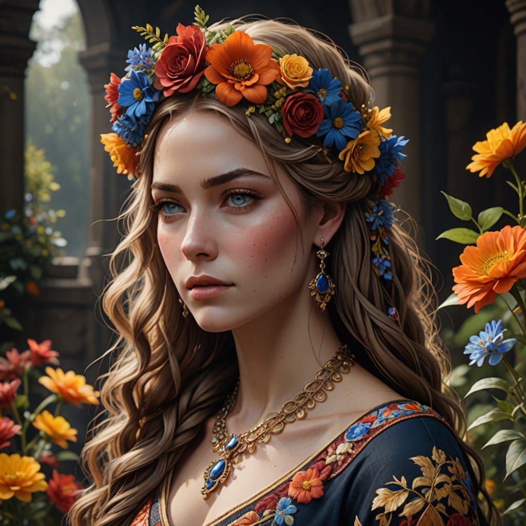 Woman in Exquisite Floral Headdress in Elegant, Dreamlike Se...