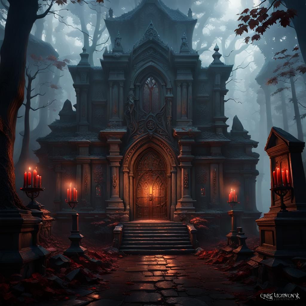 Vampire Crypt in Dark Forest: Detailed Concept Art