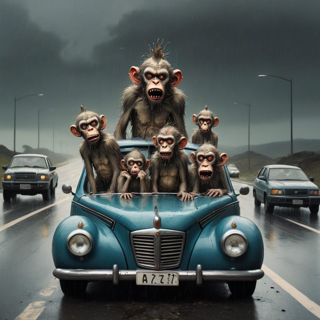 Surreal Zombie Clown Family Stranded, Oil on Canvas