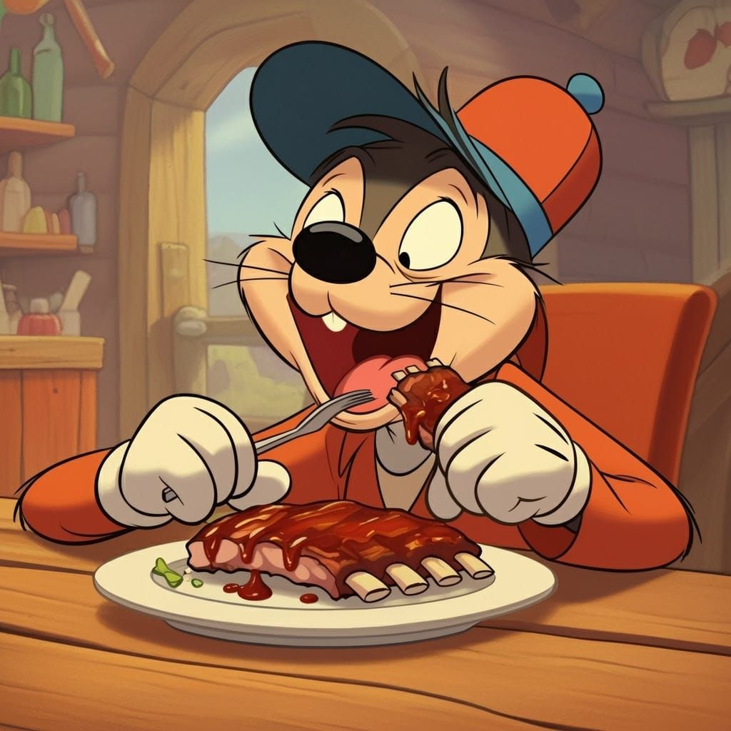 Sizzling Cartoon Character Devours Ribs in Vibrant Whimsy