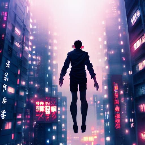 Cyberpunk Leaping Man in Neo Tokyo Thunderstorm