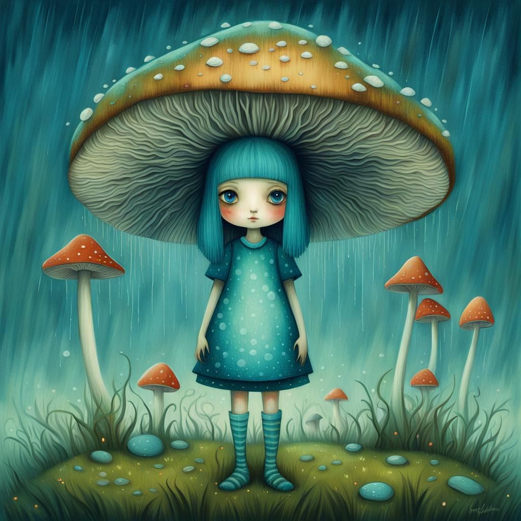 Girl by Mushroom: Azure and Cute Illustration