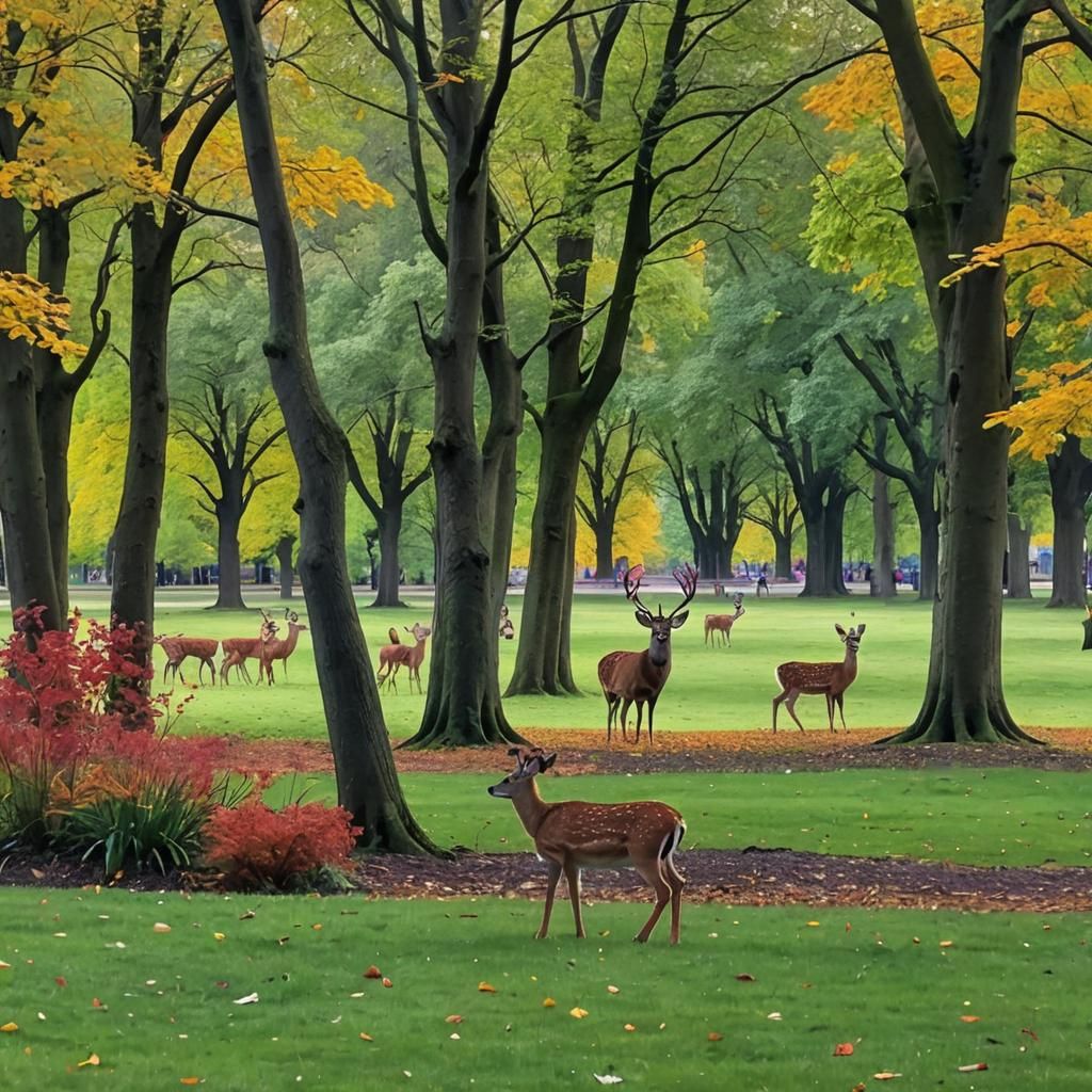 Calming Park Scene with Distant Deer