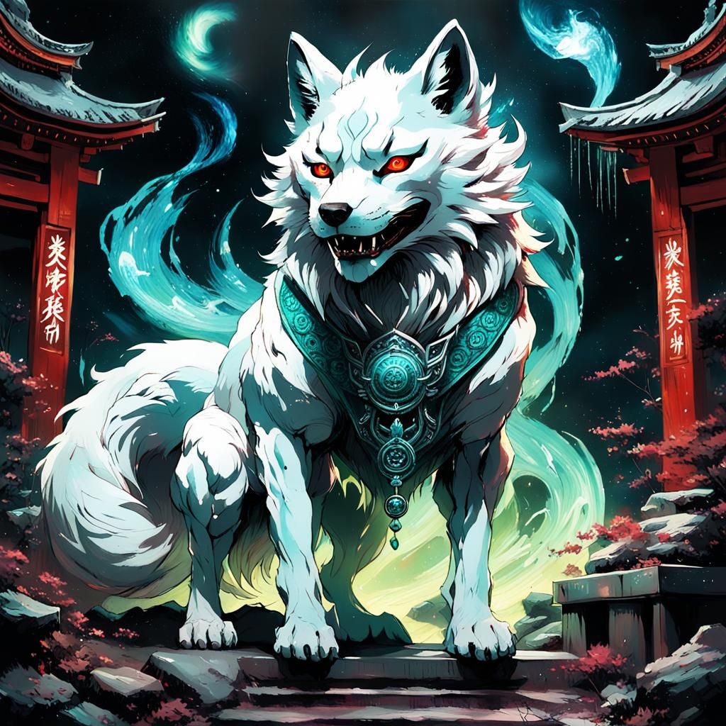 Mystical White Kitsune Yokai in Aurora Shrine