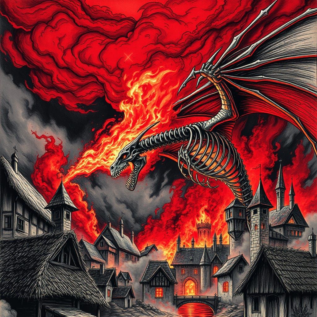 Colossal Skeletal Dragon Engulfs Medieval Village in Flames