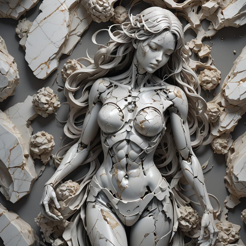 Dissected Marble Sculpture of Woman in 3D Anime Art