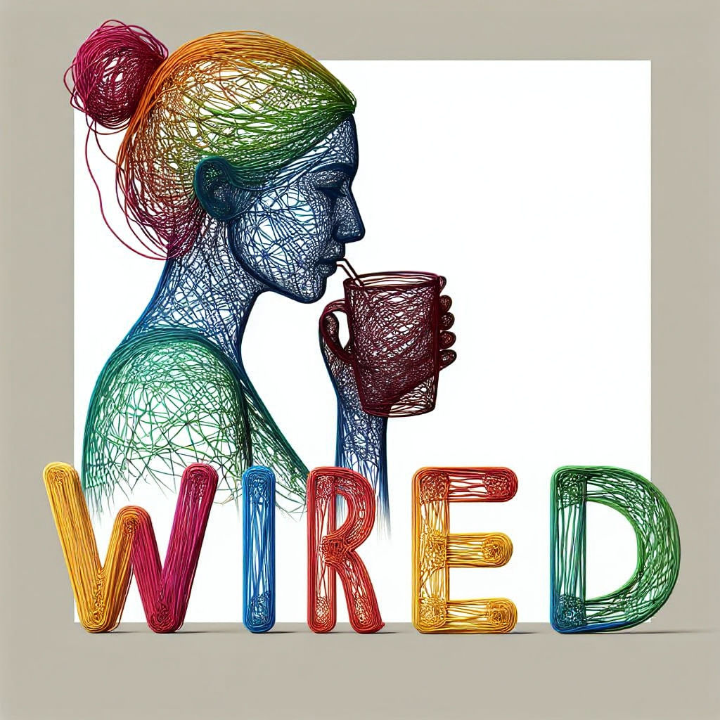 Colorful Abstract Wireframe Sculpture of Woman With Coffee