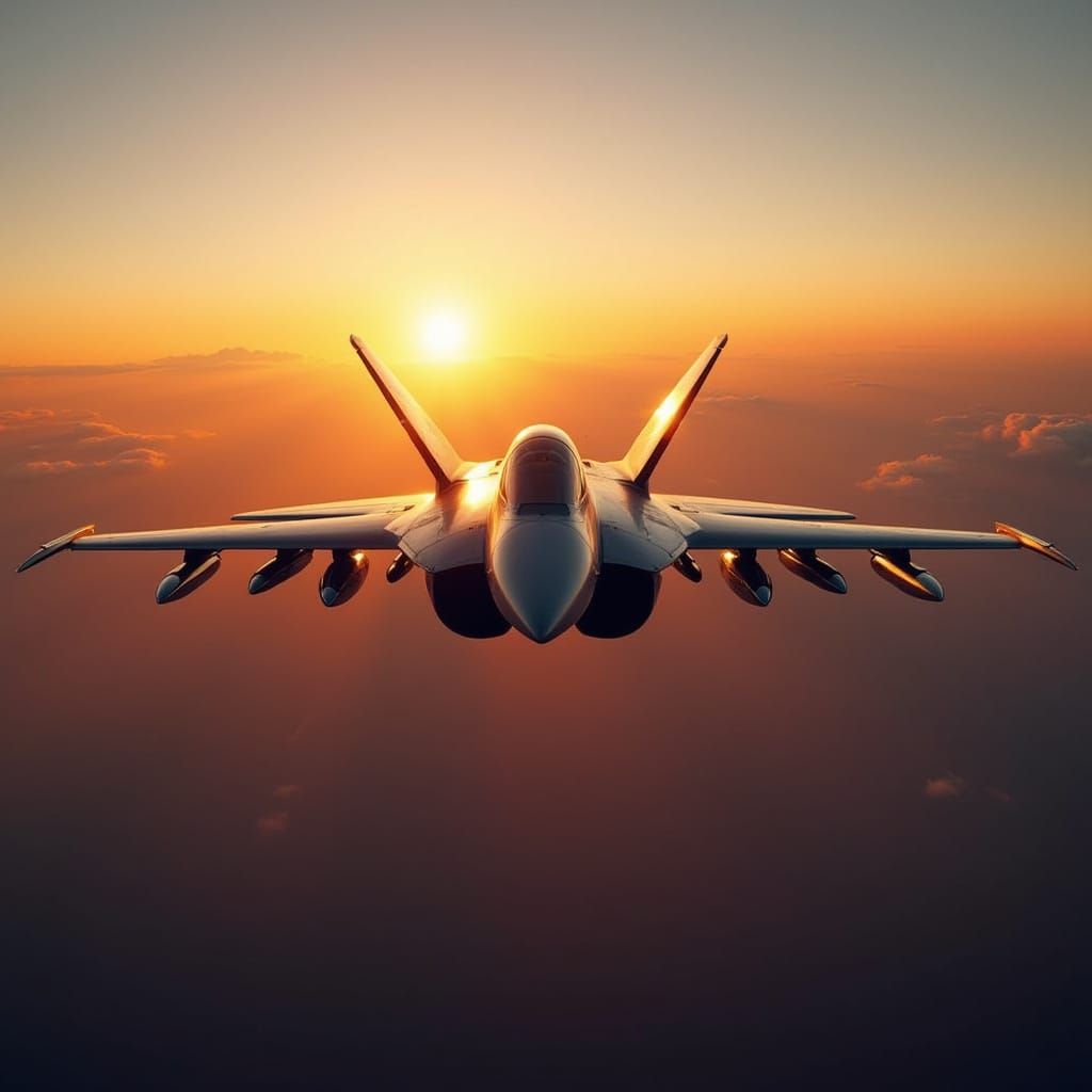 Fighter Jet Silhouetted Against Fiery Sunrise
