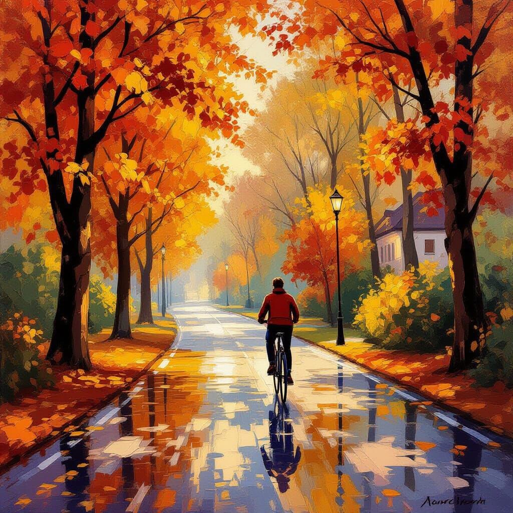 Autumn Cyclist in Golden Hour, Impressionist Style