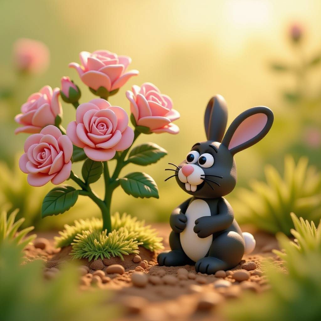 Charming Clay Rabbit and Rose Bush in Claymation Style