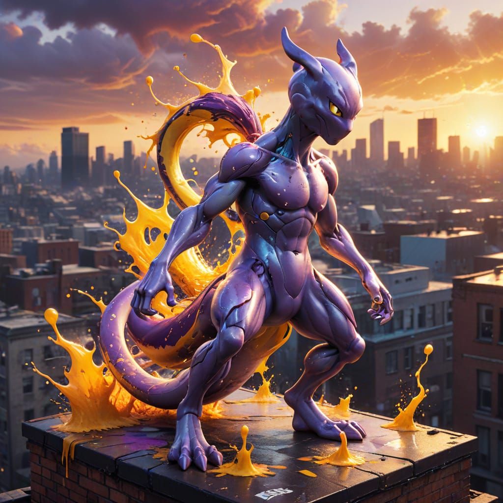 Mewtwo Street Art Masterpiece on City Rooftop