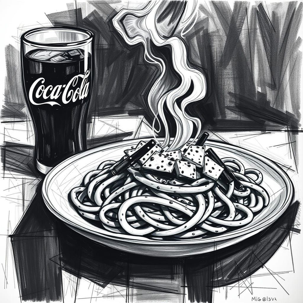 Abstract Cubist Still Life of Spaghetti Carbonara and Coca C...