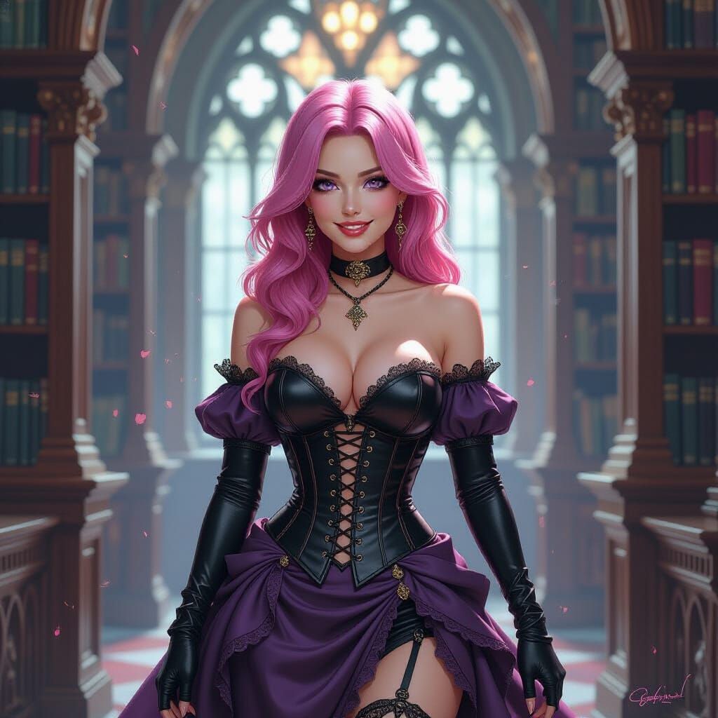 Gothic Library Woman in Leather Corset Watercolor Art