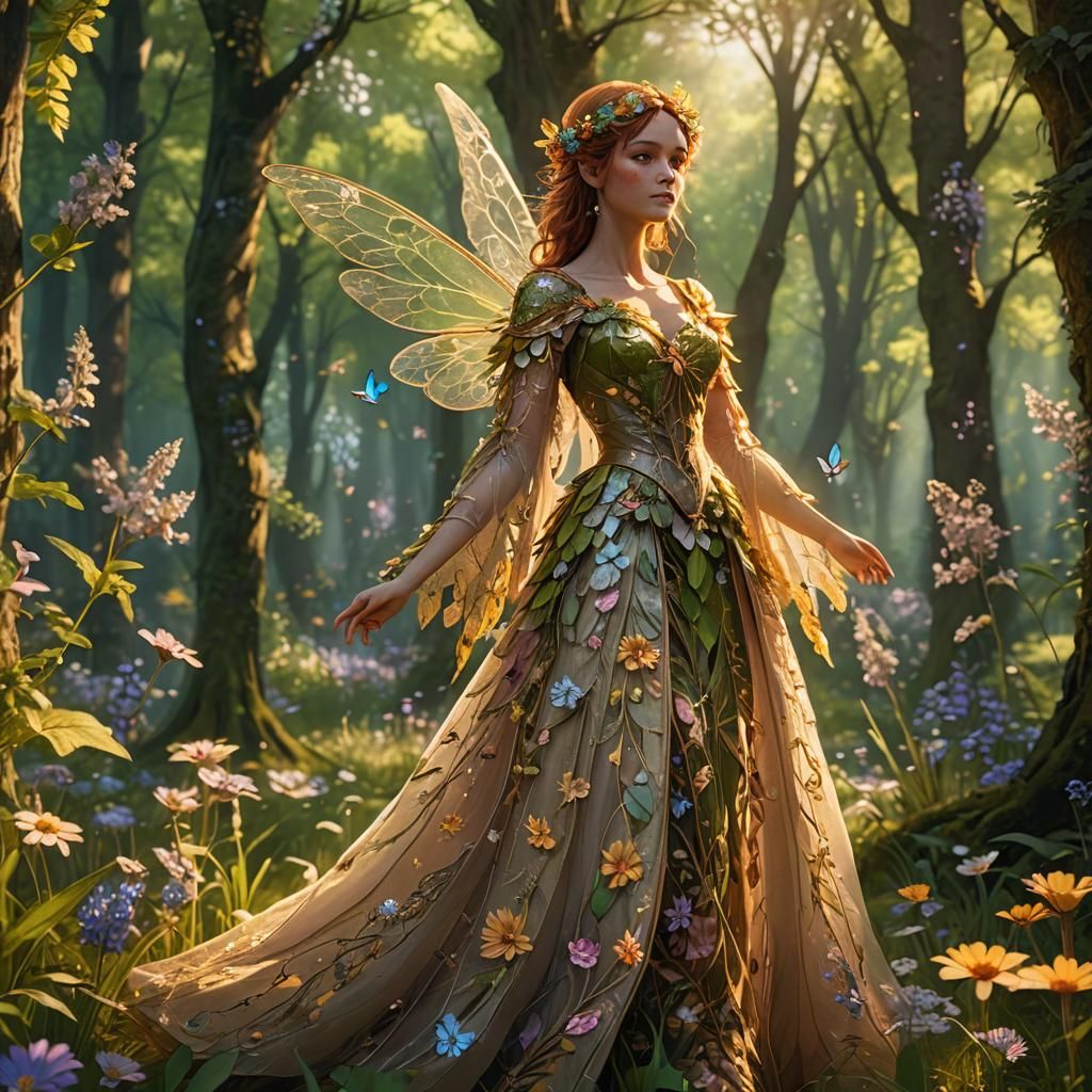 Blooming Spring Fae in Sunlit Glade