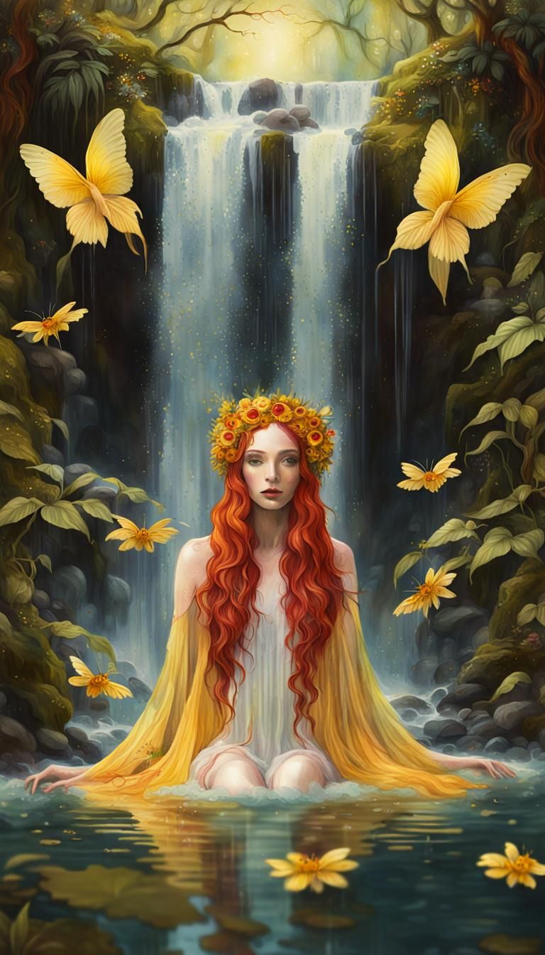 Fairy Bathing Under Waterfall in Watercolor Style