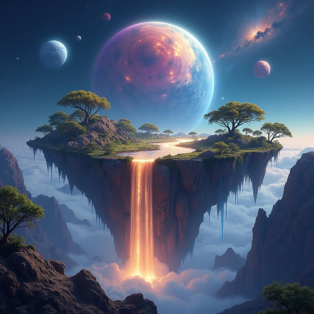 Floating Island with Cosmic River in Outer Space