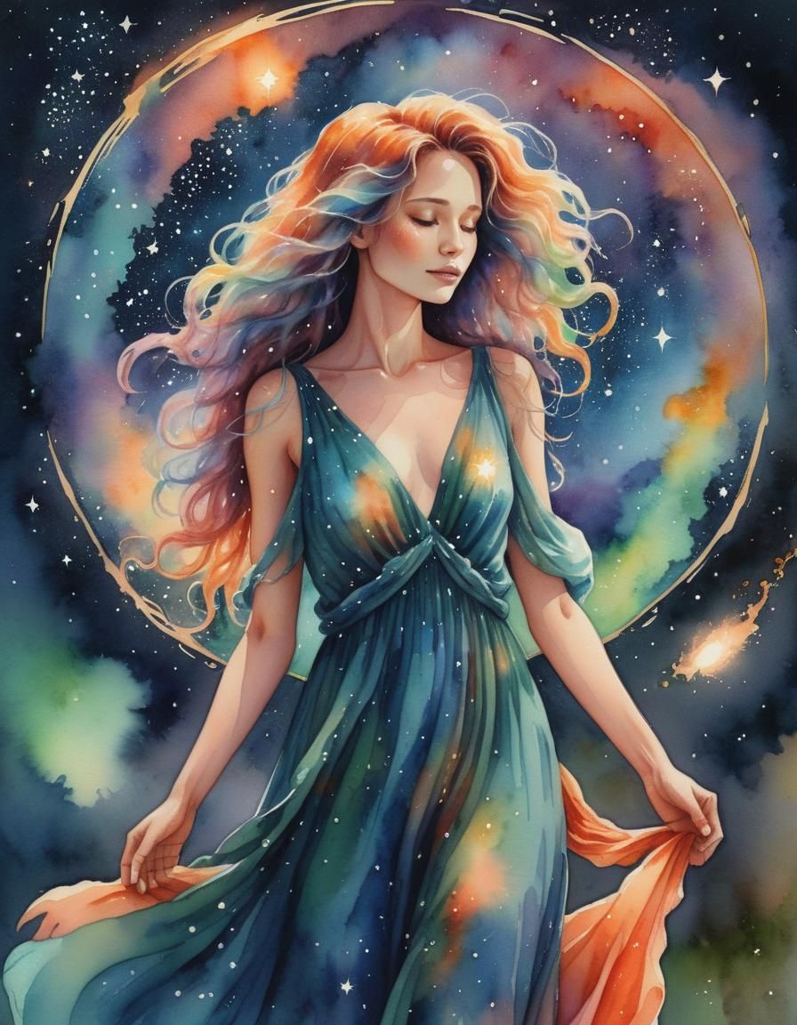 Cosmic Watercolor: Woman in a Dreamlike Night Scene