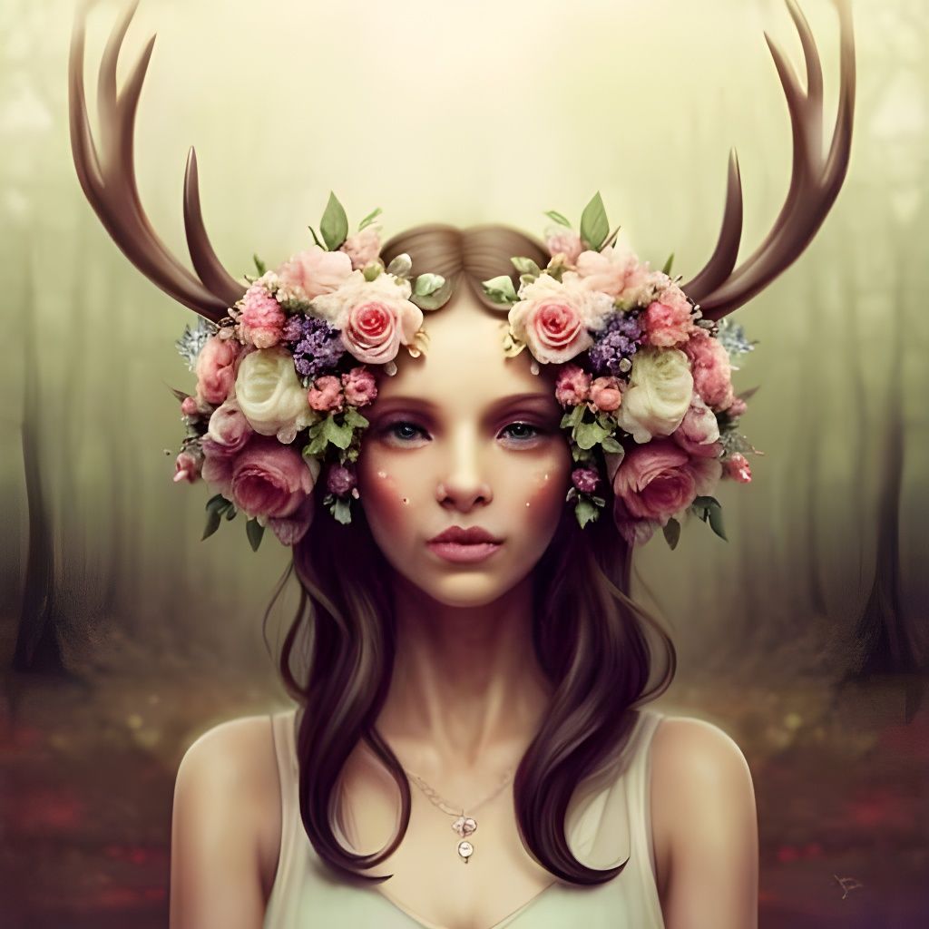 Woman with Antlers and Flowers in Detailed Photography