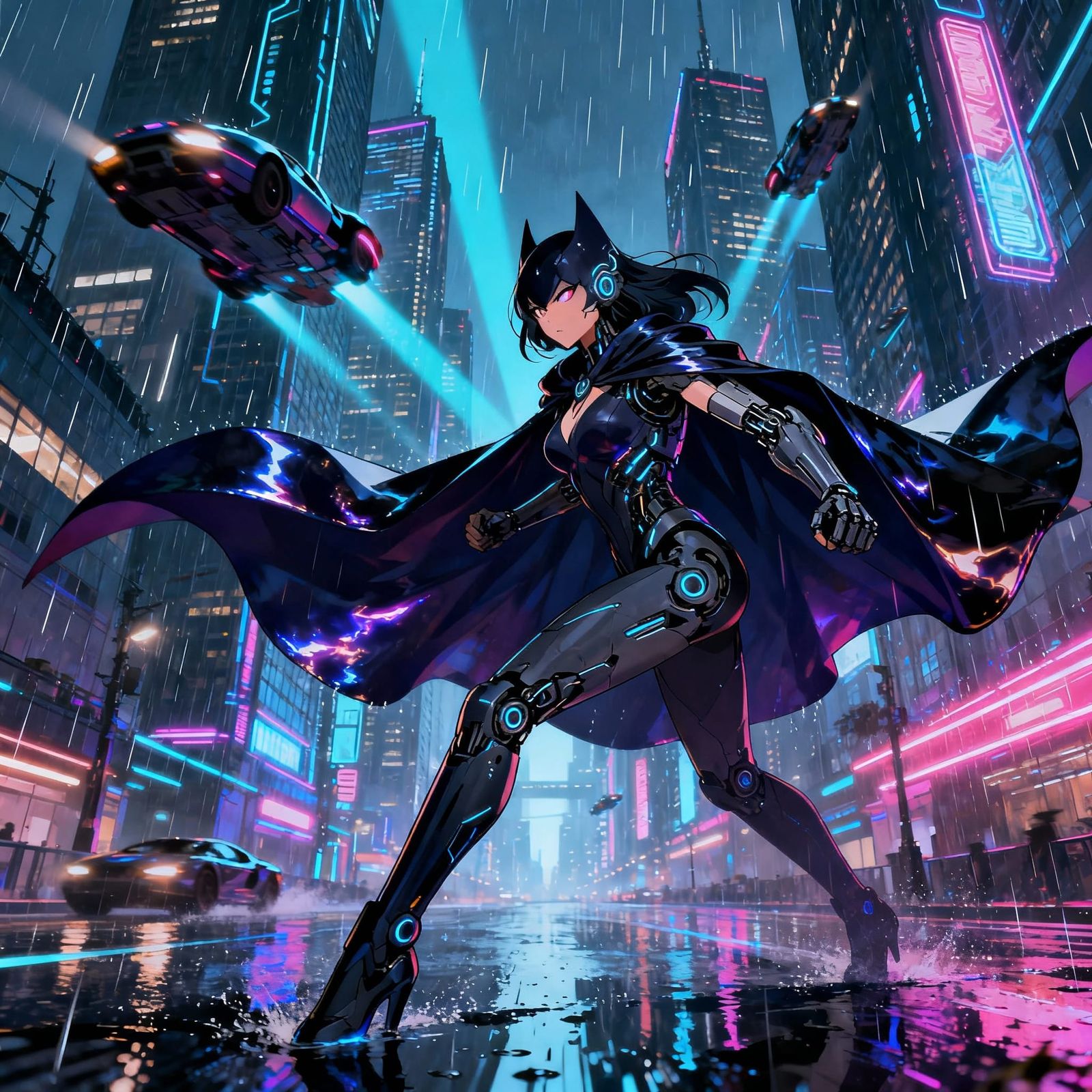 Cybernetic Supervillain in Neon Metropolis