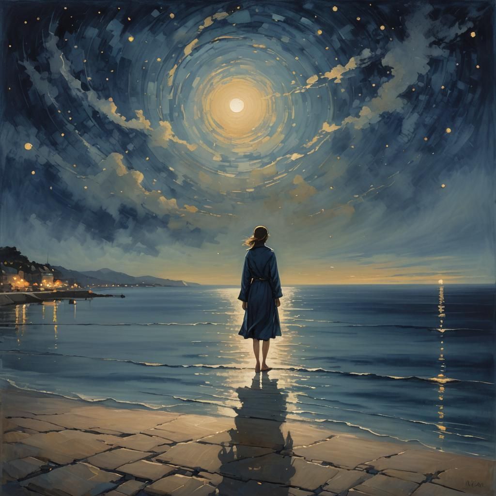 Dreamy Seaside Stroll Under Starlight: Atmospheric Painting