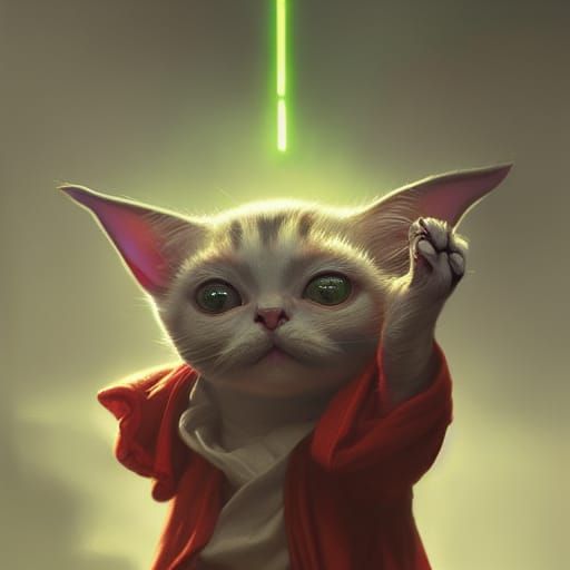 Fantasy Cat, Yoda, and Elf Reflected in Mirror