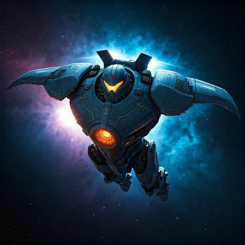 Aerial Jaeger Gliding Through Nebula in Retro-Futuristic Sty...