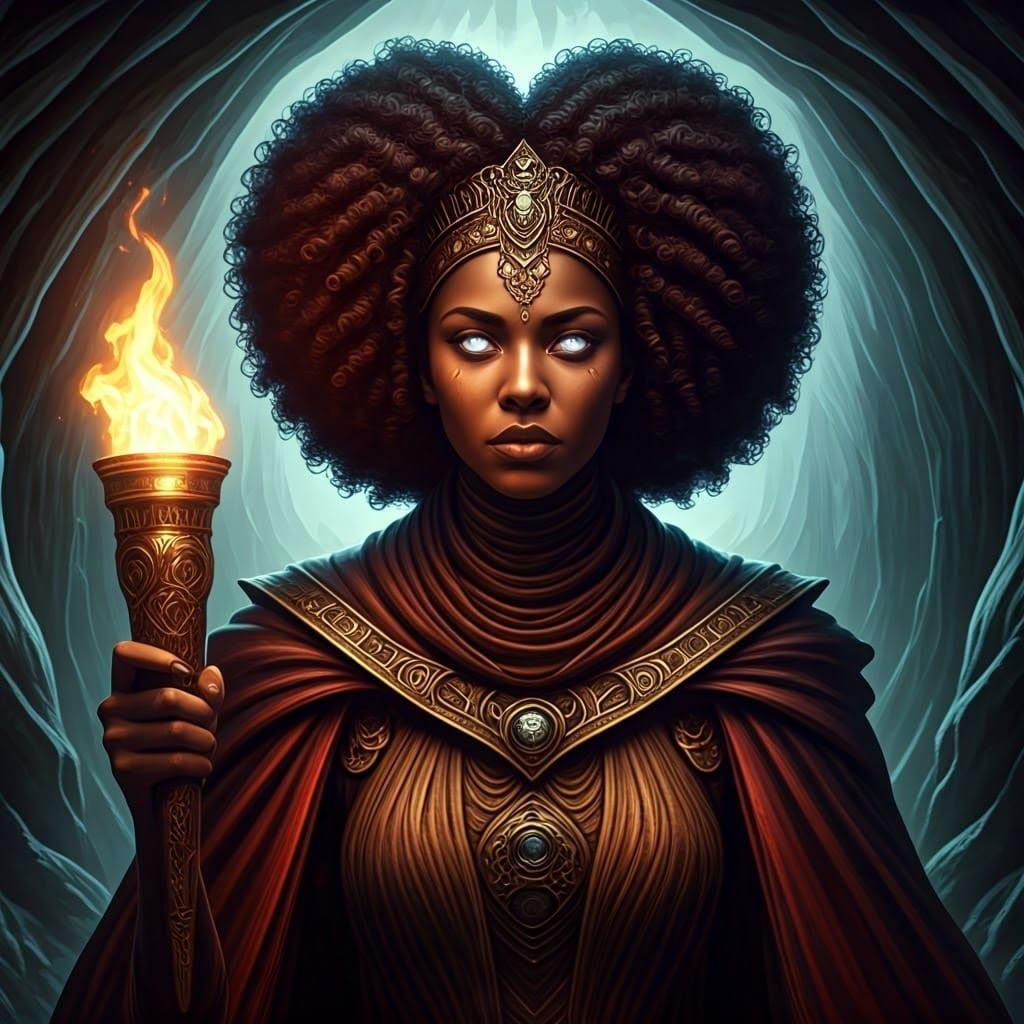 Mystical Woman with Torch in Eerie Cave