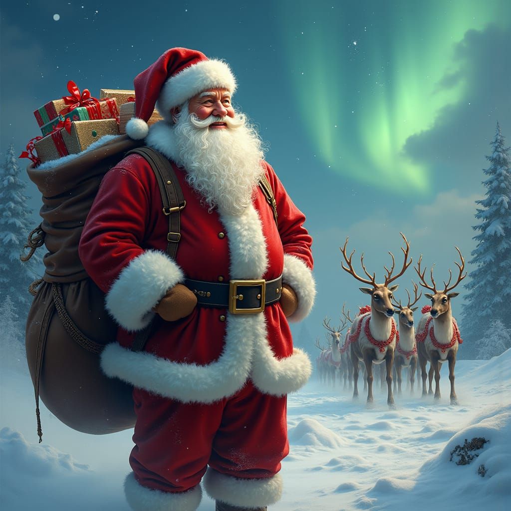 Santa Claus in Snowy Landscape with Aurora Borealis