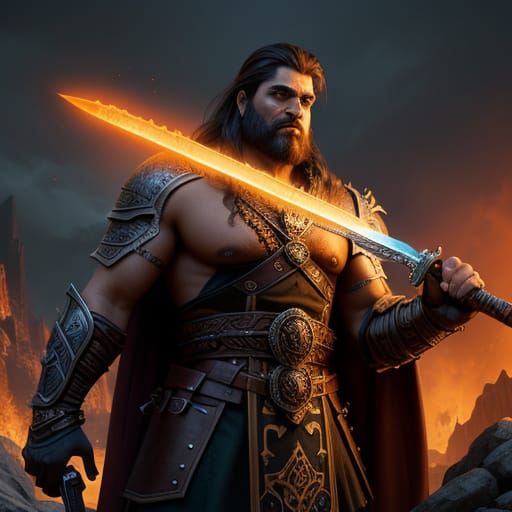 Dwarven Barbarian Wields Fiery Longsword in Epic Fantasy Art