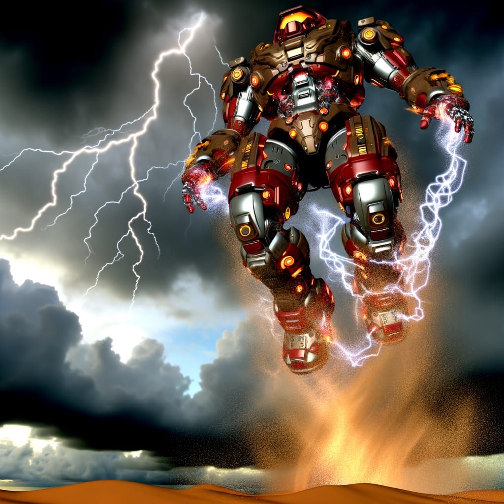 Iron Man Godbuster Armor Descending from Stormy Sky