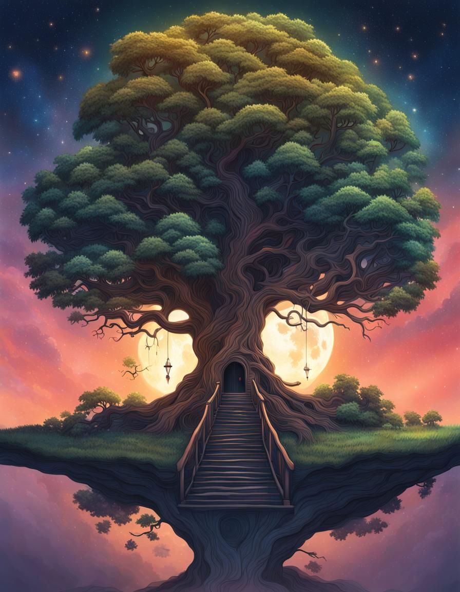 Mysterious Tree with Root Entrance at Dawn