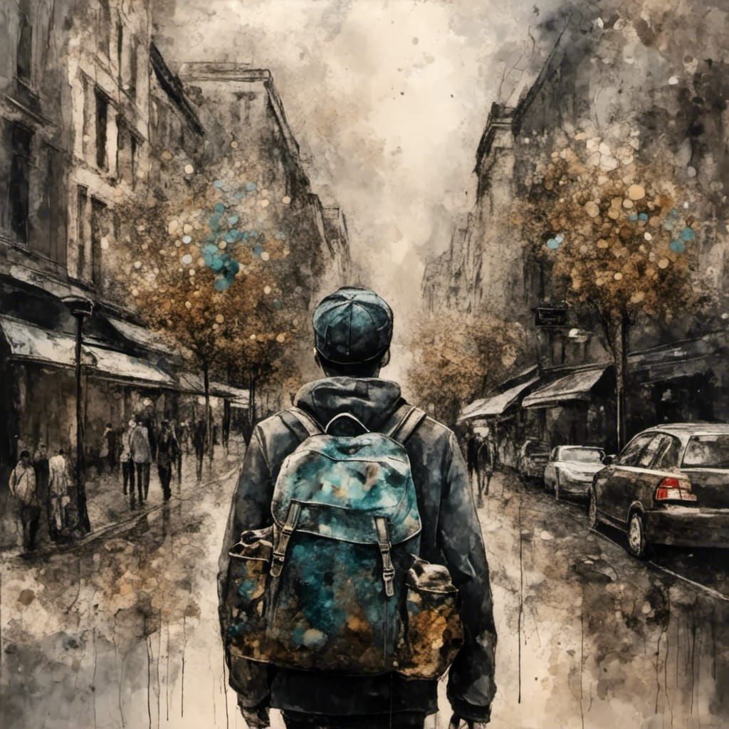 College Student Balances Futon in City Street