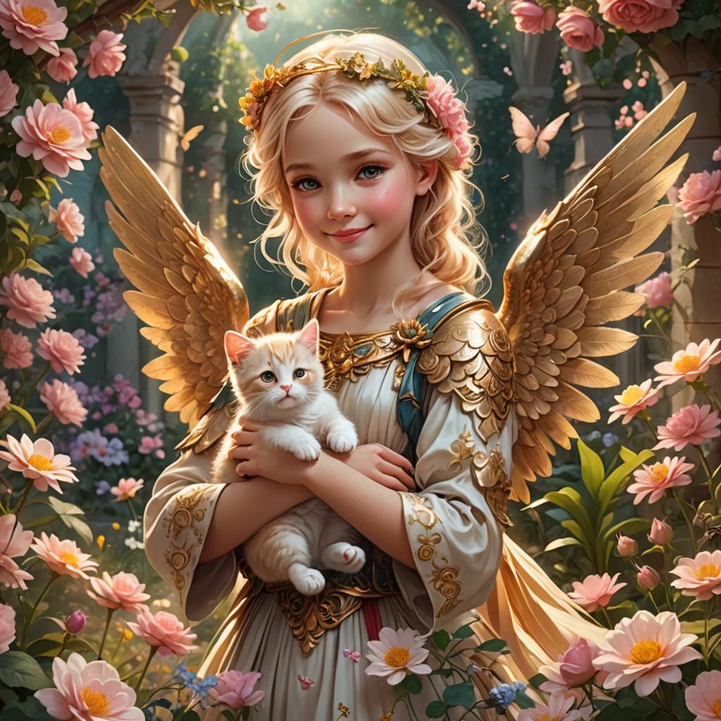 Angel and Kitten in Floral Garden: Fantasy Art
