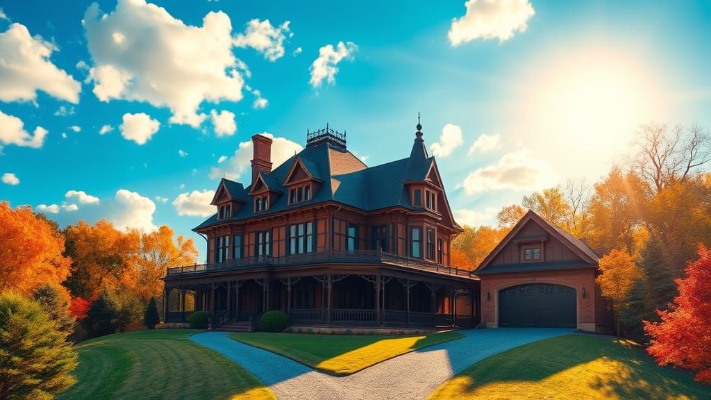 Stately Victorian Mansion Amidst Vibrant Landscape