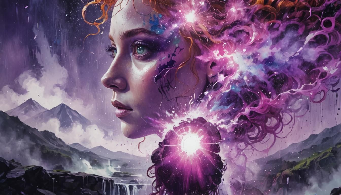 Emerald-Eyed Woman in a Magical Waterfall Landscape