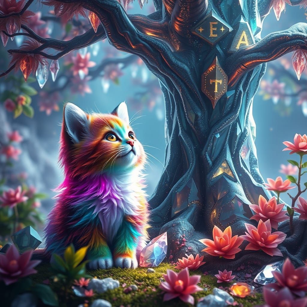Rainbow Crystal Kitten Gazing at Crystal Tree