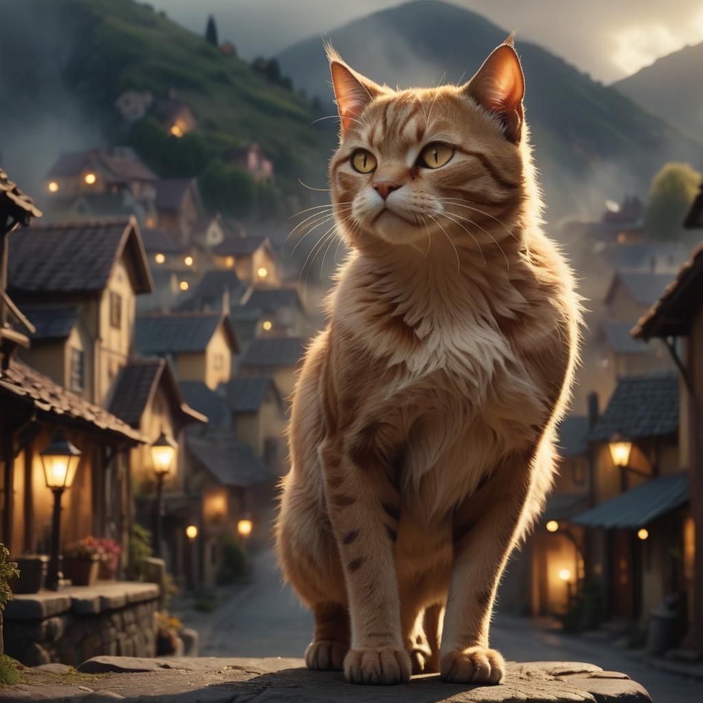 Muscular Cat in Quaint Town, Dark Fantasy Style