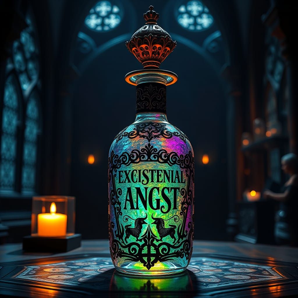 Ornate Iridescent Potion in Gothic Interior