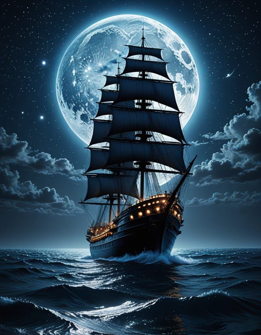 Huge Ship Sailing on Shimmering Ocean at Night