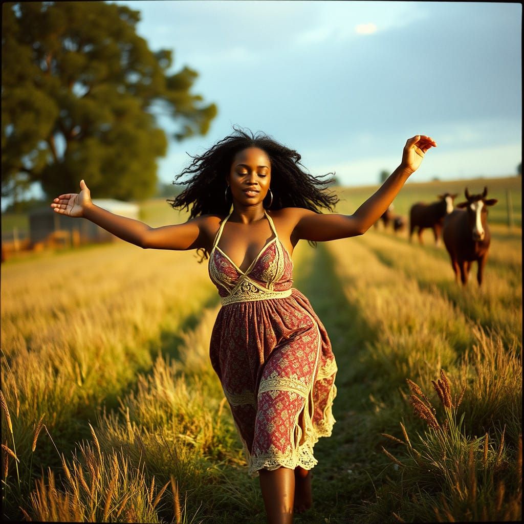 African American Goddess Embracing Rural Serenity in Cinemat...