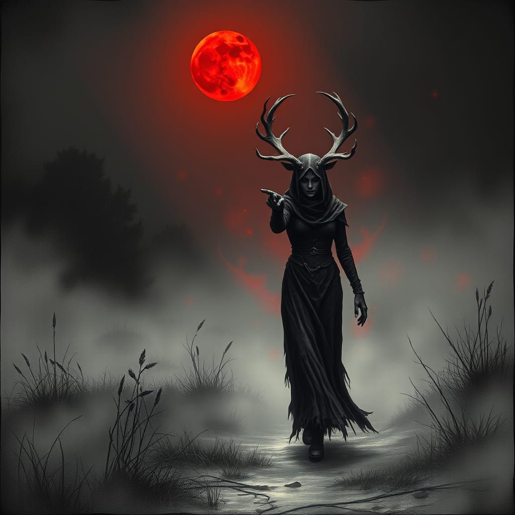 Misty Moor Woman in Black and White with Red Moon