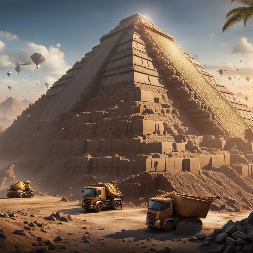 Great Pyramid Construction with Cement Trucks