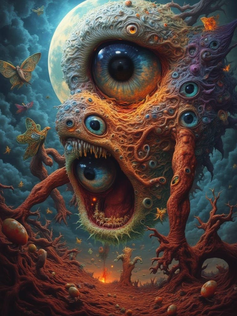 Man-Peacock Mutation With Fiery Eyes in Fractal Sky