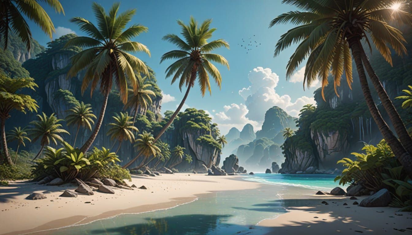 Surreal Tropical Oasis with Ethereal, Dreamlike Beauty